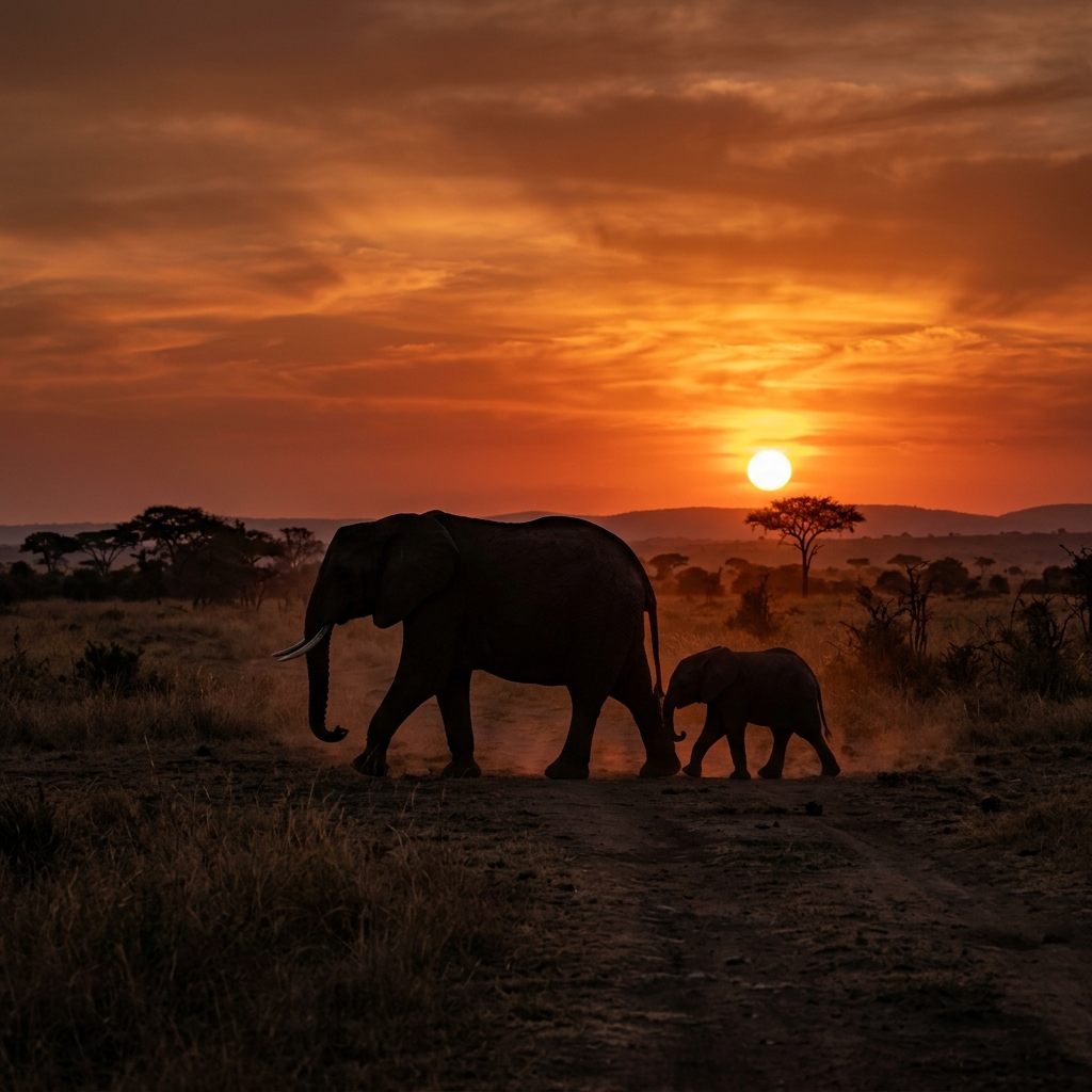 Elephant family at sunset